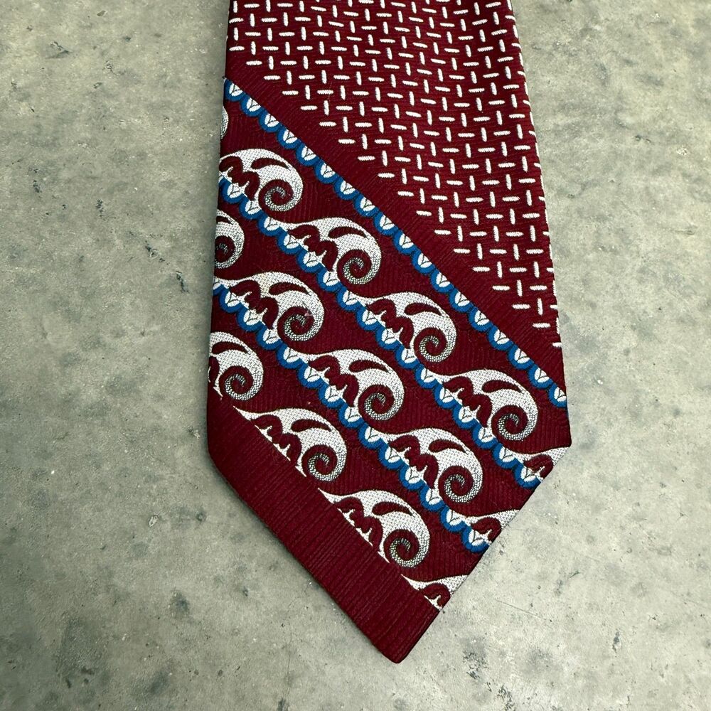 Vintage 70s Sears Necktie Mens Store Wave Hawaiian Design Red 56 Inch Length